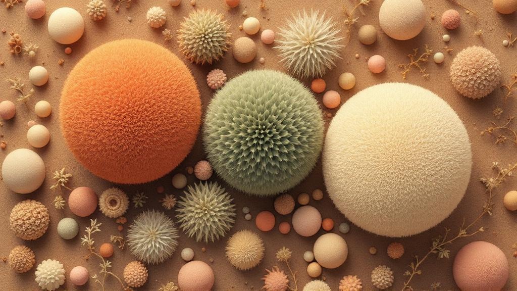 Trois sphères distinctes de couleurs et textures différentes — terracotta granuleux, sauge fibreux, crème velouté — sur fond beige, évoquant trois bactéries du microbiote