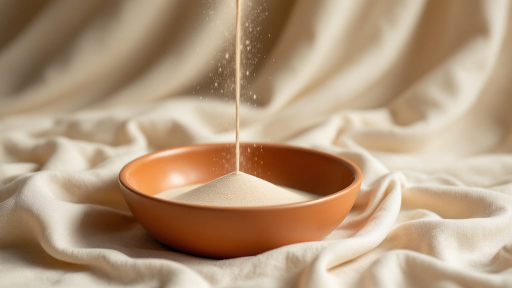Bol en terracotta au centre d'un drapé de lin ivoire, un filet de sable pâle qui coule et déborde sur le tissu, métaphore du manque qui ne se comble jamais