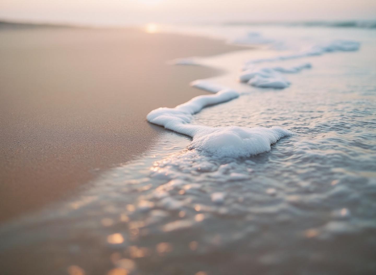 Vague douce qui s'échoue sur du sable mouillé, photographiée de près en lumière de fin de journée. Atmosphère chaude et contemplative évoquant le moment où le corps bascule en mode récupération.