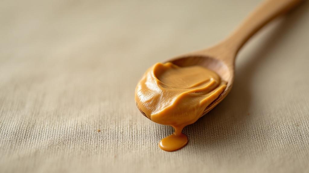 Cuillère en bois enduite de beurre de cacahuète dense sur lin sable — la trace d'un geste solitaire, pas un repas partagé