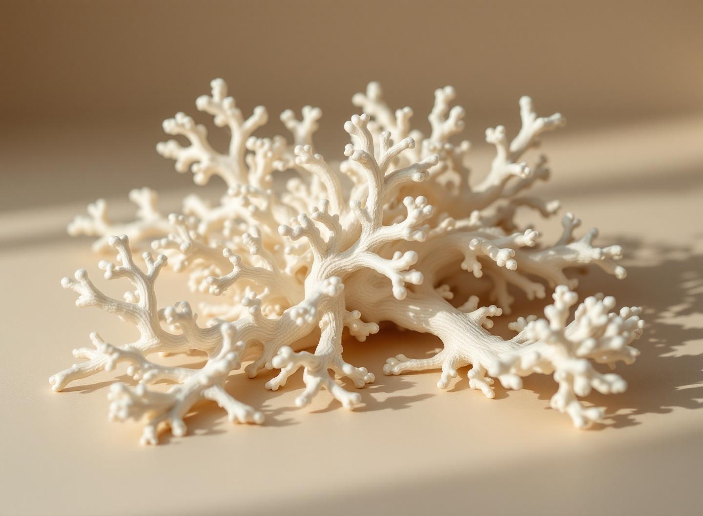 Sculpture organique aux ramifications fines en porcelaine ivoire posée sur fond sable, lumière latérale douce. Métaphore visuelle du système nerveux et de la chimie cérébrale.