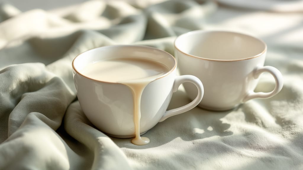 Deux tasses en porcelaine ivoire sur lin sauge, l'une débordant d'un filet crémeux qui coule sur le tissu, l'autre calme et à moitié pleine en arrière-plan flou, métaphore du seuil de stress abaissé chez les femmes