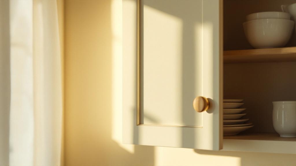Placard de cuisine entrouvert sur des assiettes blanches, lumière dorée fin d'après-midi — l'heure où la fringale tape