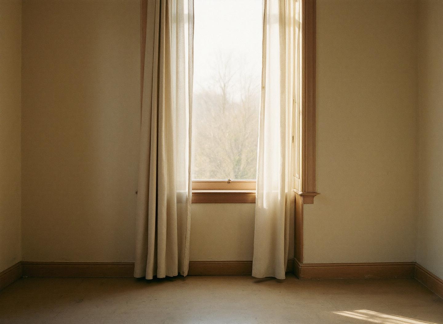 Fenêtre haute aux rideaux ivoire dans une pièce vide baignée de lumière laiteuse de fin de journée — atmosphère contemplative évoquant le moment de 17h