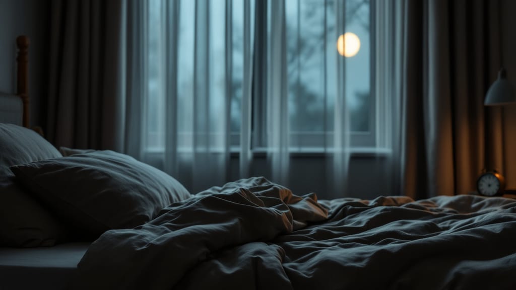 Lit defait dans la penombre bleutee de la nuit, oreiller encore creuse, lune voilee par un rideau leger et lueur chaude d'une lampe, metaphore du sommeil qui se rompt vers trois heures