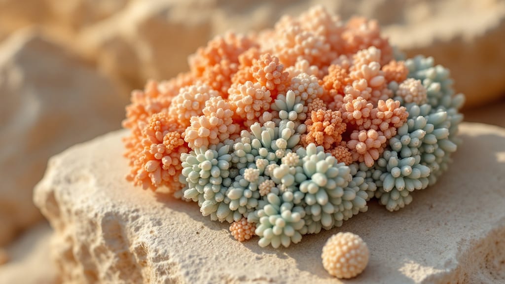 Macro d'un amas dense de nodules coralliens en corail, crème et sauge, serrés sur pierre claire, avec une bille ivoire isolée à l'écart, métaphore de la souche unique face à la formule multi-souches
