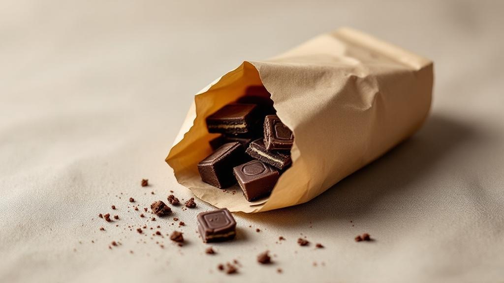 Emballage en papier kraft entamé sur lin clair, carrés de chocolat foncé visibles — la trace d'un geste automatique
