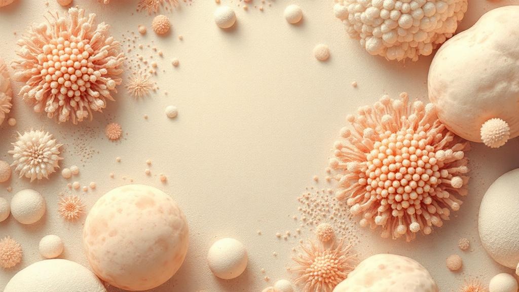 Illustration abstraite d'un écosystème microbien — tons crème, terracotta, beige sablé