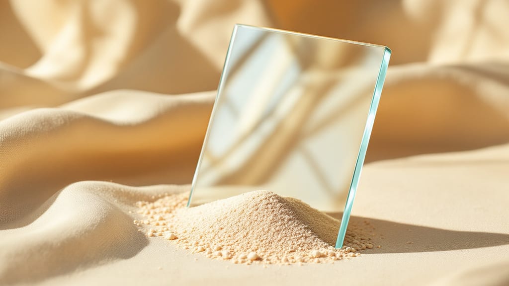 Pan de verre transparent sur lin sable, reflet doré et déformé, sable clair qui s'effrite et se répand, métaphore du glissement de la comparaison à la restriction