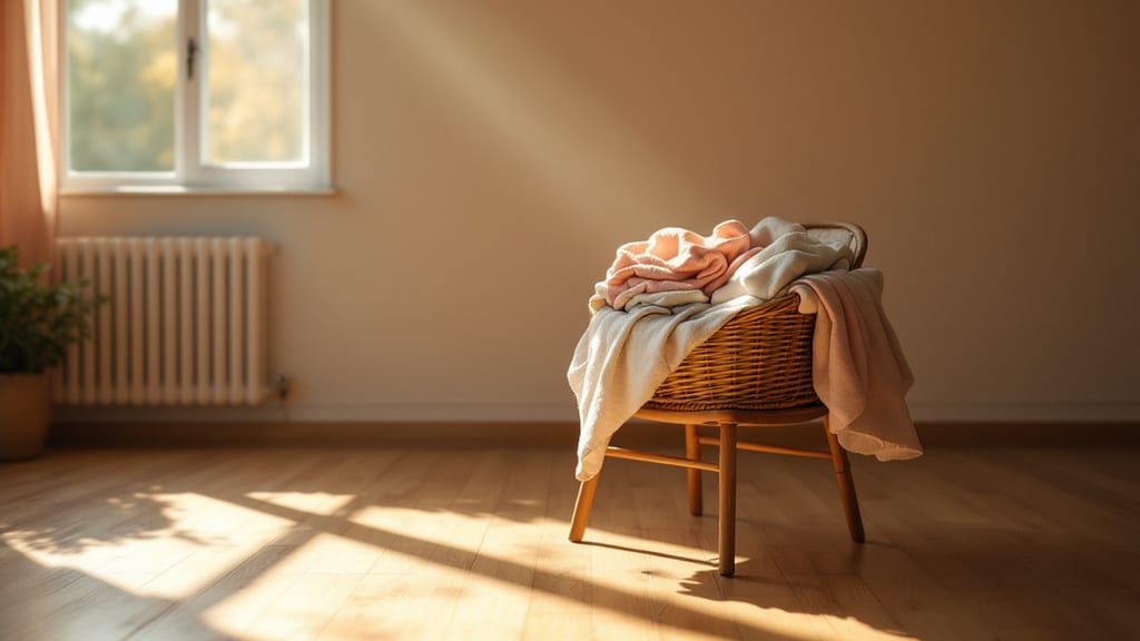 Panier en osier débordant de linge plié corail et ivoire sur une chaise en bois, lumière dorée de fin de journée, métaphore de la charge domestique qui déborde après le travail