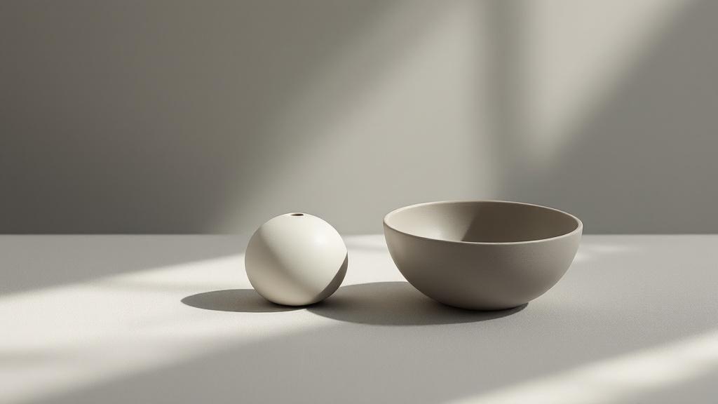 Sphère ivoire et coupe ouverte gris-beige côte à côte sur lin, ombres bleutées — deux écosystèmes en transition simultanée