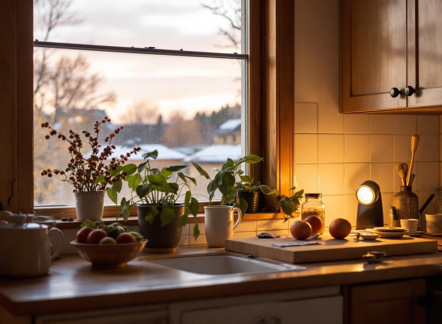 Cuisine domestique simple à l'aube, vue intérieure avec fenêtre laissant entrer la lumière rose-orangée du matin — atmosphère silencieuse de l'heure où elle est debout avant tout le monde
