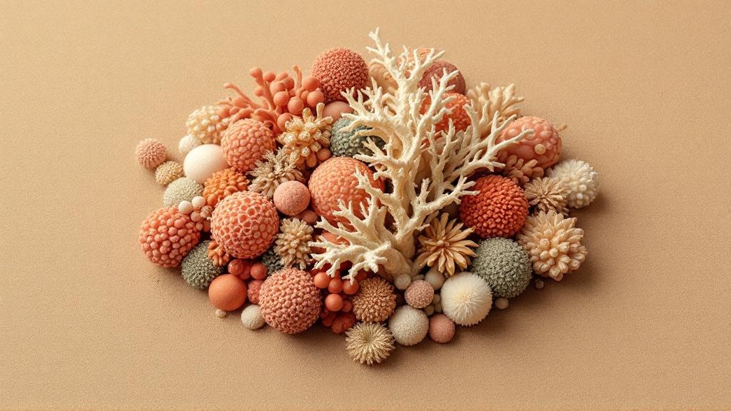 Composition d'éléments organiques aux textures variées en tons corail, ivoire et sauge — métaphore de l'écosystème microbien
