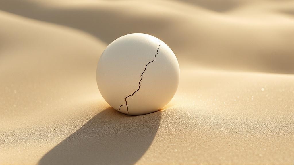 Sphère de porcelaine ivoire fendue d'une fine fissure sur sable beige — métaphore du système nerveux craquelé par le stress