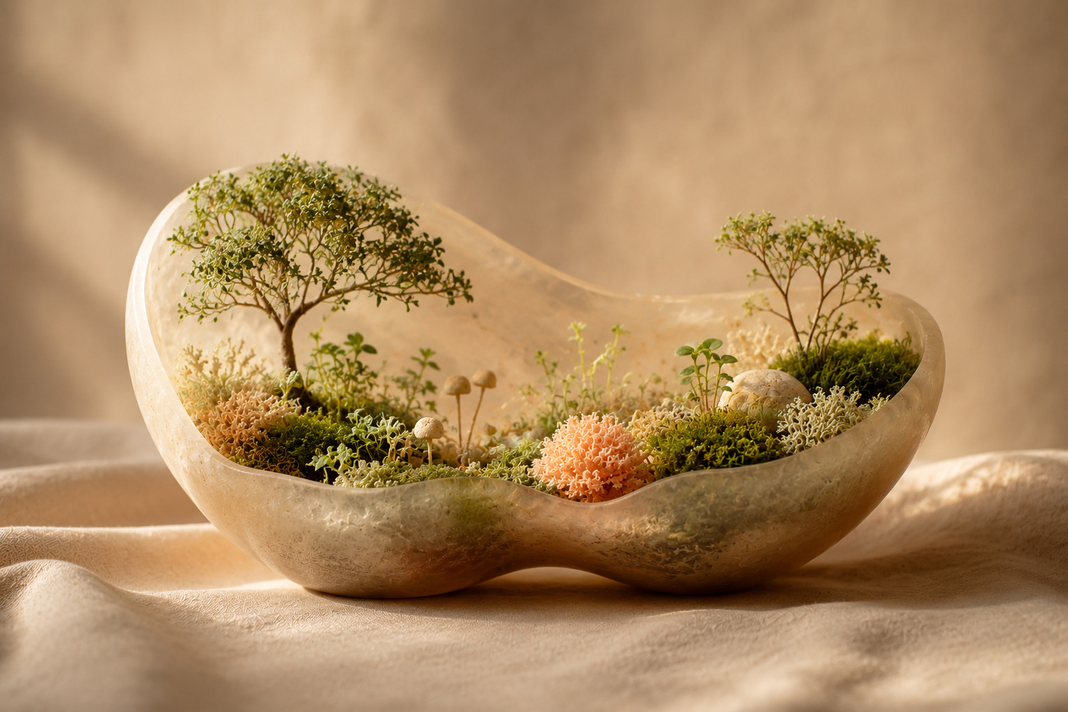 Petit terrarium vivant en forme d'organe, arbres miniatures, mousses et coraux clairs à l'intérieur, posé sur lin sable en lumière douce, métaphore de l'intestin comme écosystème qu'on cultive.