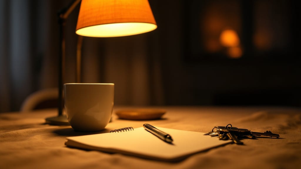 Table de cuisine éclairée par une lampe chaude tard le soir, carnet vierge, tasse ivoire et trousseau de clés sur lin, évoquant la charge mentale qui continue de tourner après le coucher