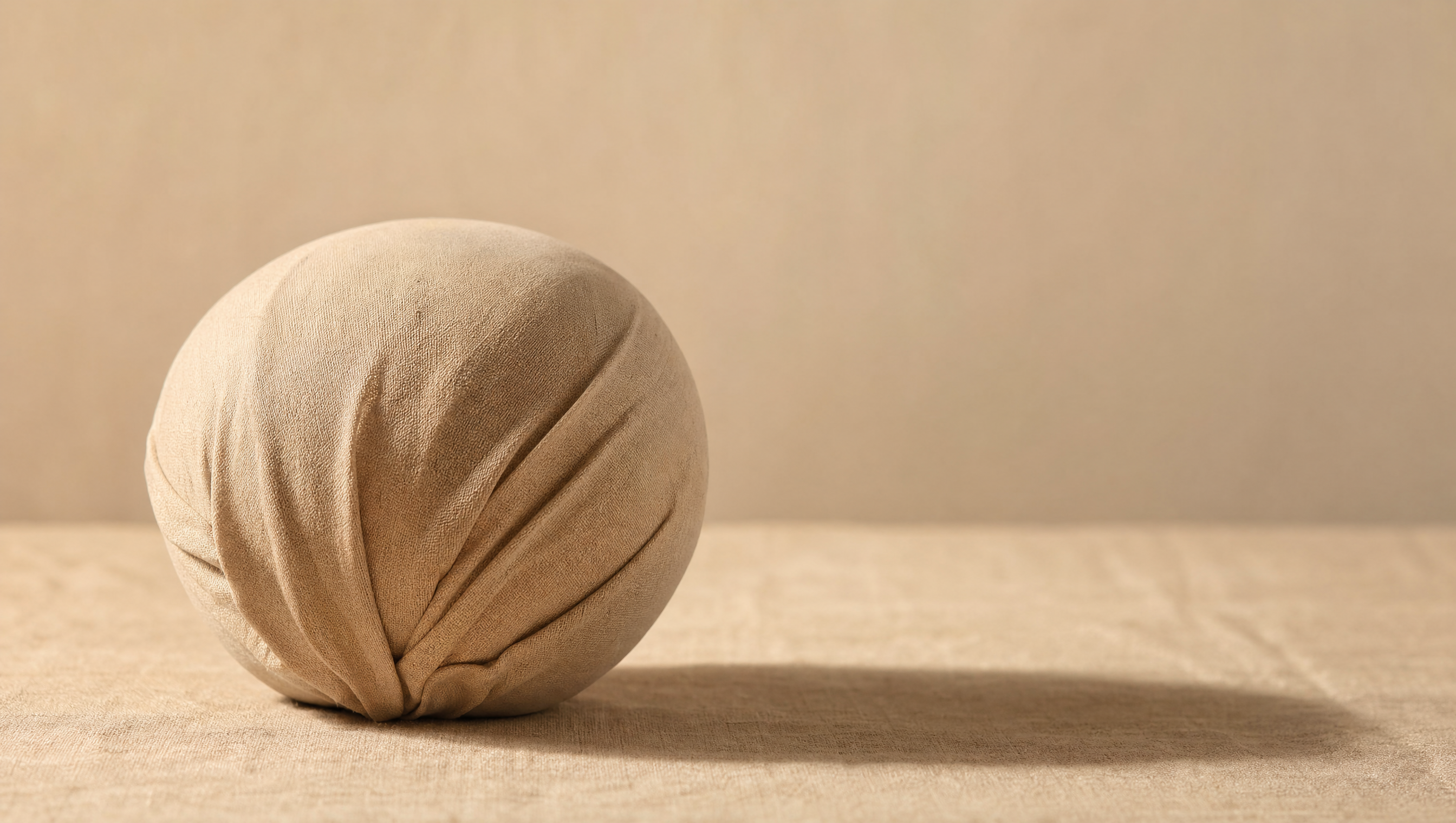 Sphère ivoire enveloppée d'un drapé de lin sable tendu à l'excès, les plis tirant vers les bords sous une lumière chaude latérale — métaphore de la tension du ventre gonflé