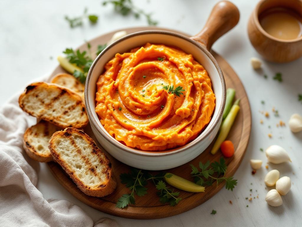 Pot en céramique rempli de tartinade orangée granuleuse, accompagné de pain grillé et de légumes crus sur une planche en bois