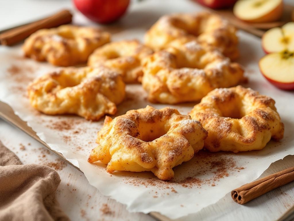 Beignets aux pommes dorés saupoudrés de cannelle, disposés sur une plaque de cuisson