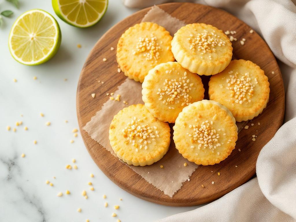 Petits biscuits sablés ronds dorés parsemés de graines de sésame, posés sur une planche en bois avec des zestes de citron vert