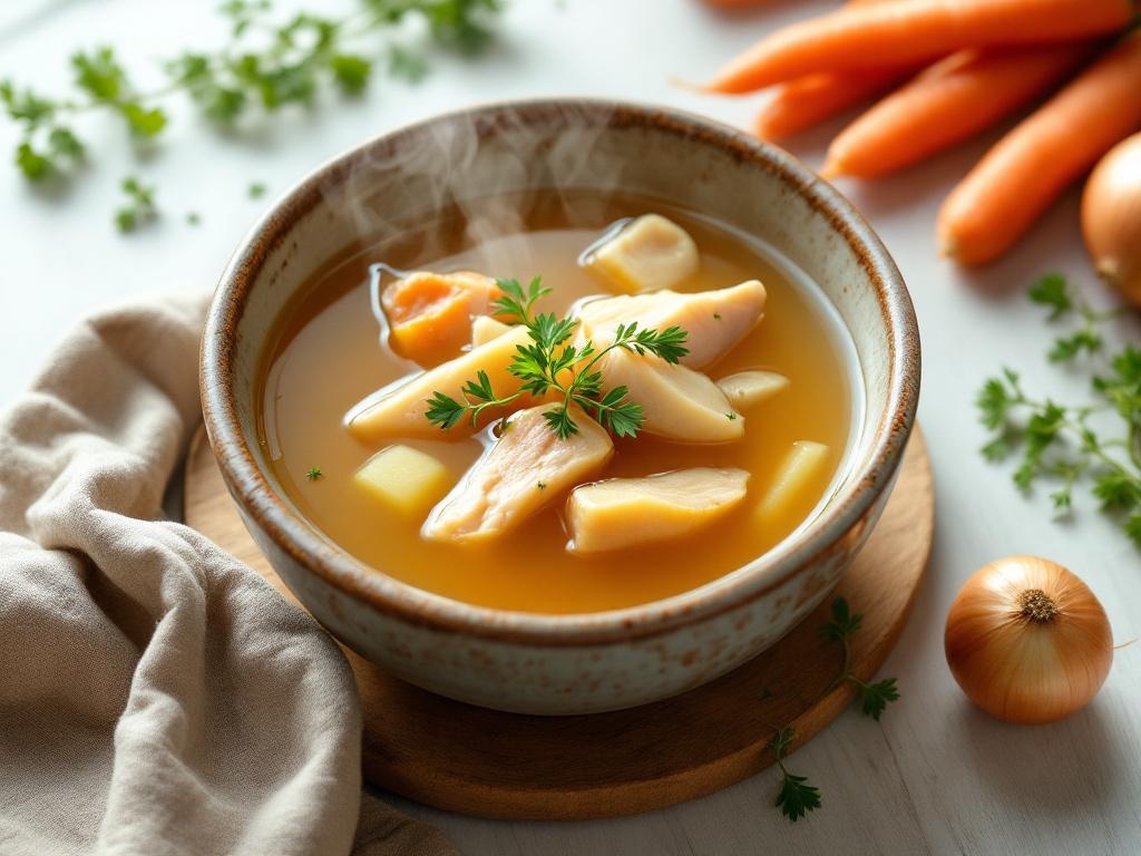 Bol fumant de bouillon doré clair garni d'herbes fraîches, posé sur une table en bois avec des légumes autour