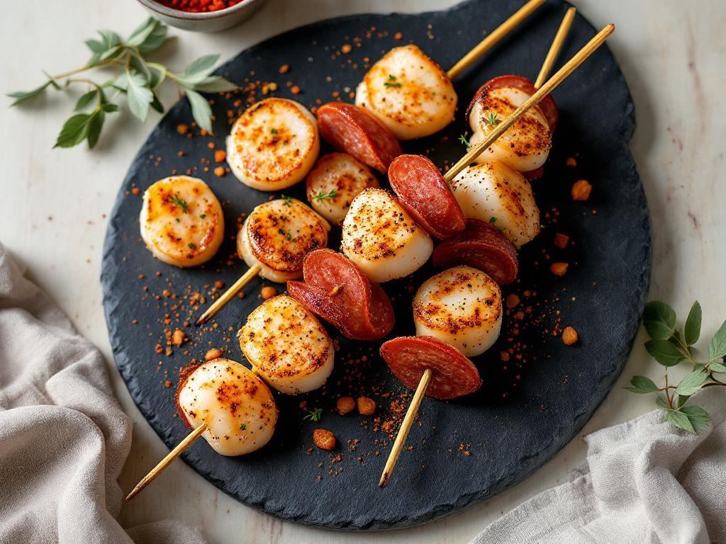 Brochettes de noix de Saint-Jacques dorées alternées avec des tranches de chorizo, présentées sur une ardoise noire