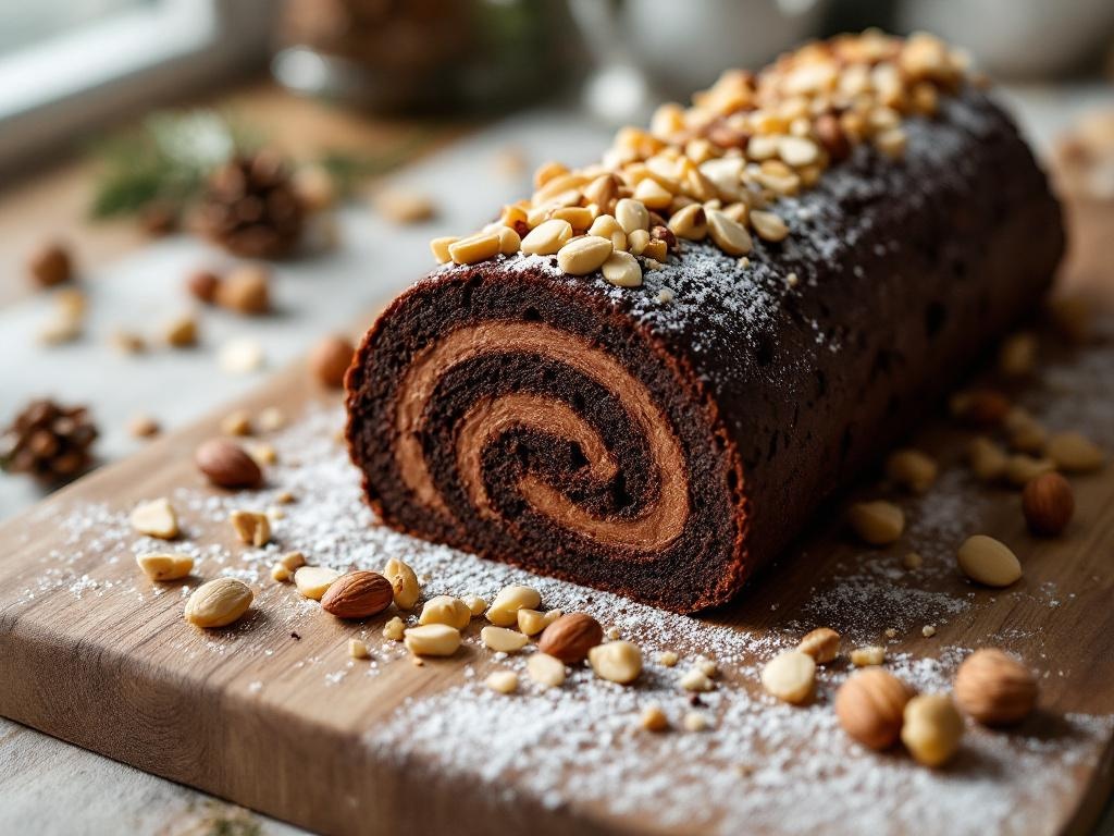 Bûche brownie au chocolat noir nappée de noisettes concassées, présentée sur une planche en bois avec des décorations de Noël