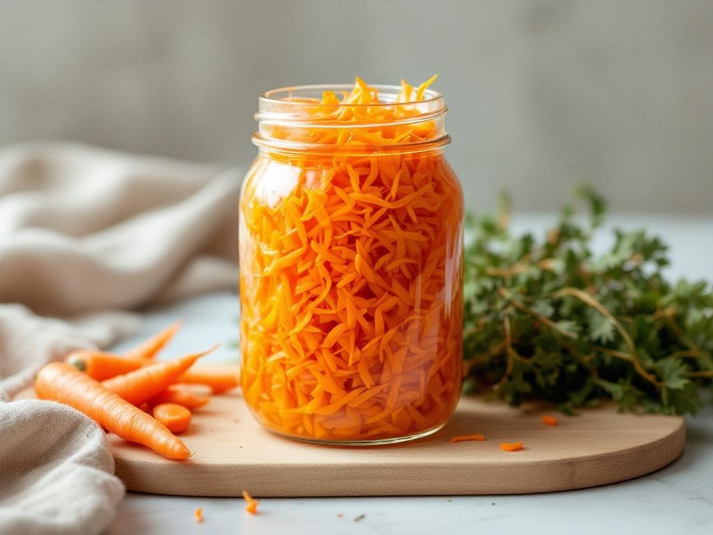 Bocal en verre rempli de bâtonnets de carottes orange immergés dans une saumure claire, posé sur une table en bois
