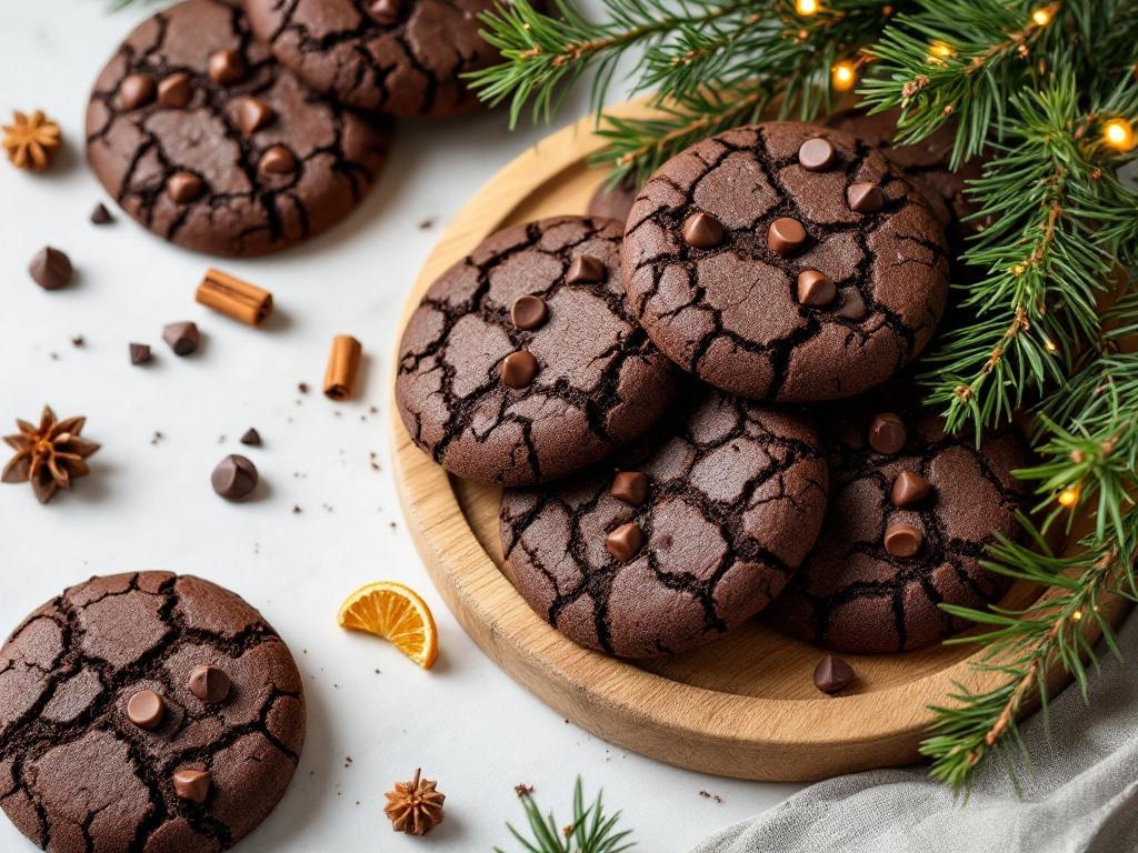 Cookies au chocolat dorés et craquelés disposés sur une planche en bois avec des branches de sapin et des décorations de Noël