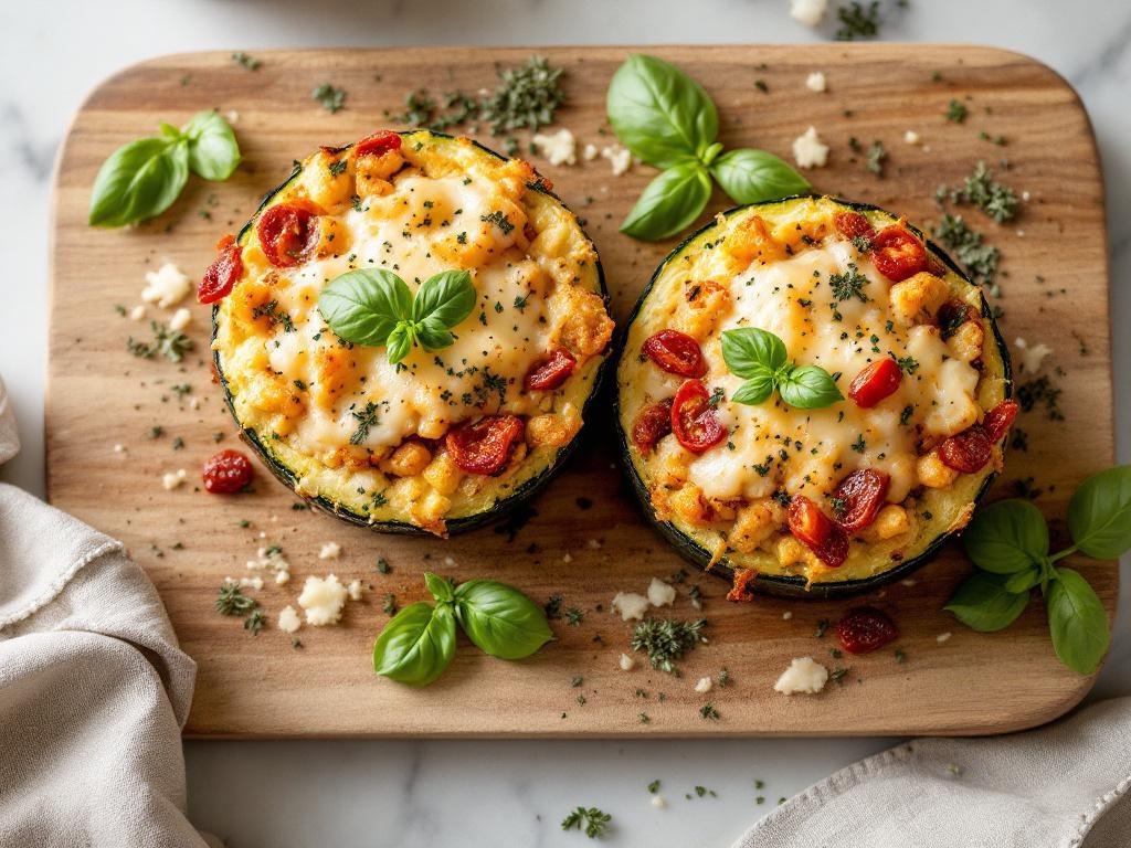 Courgettes rondes farcies dorées au four, gratinées au parmesan, posées sur une planche en bois