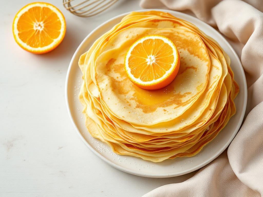 Pile de crêpes fines dorées roulées sur une assiette blanche, avec une tranche d'orange et un fouet à côté