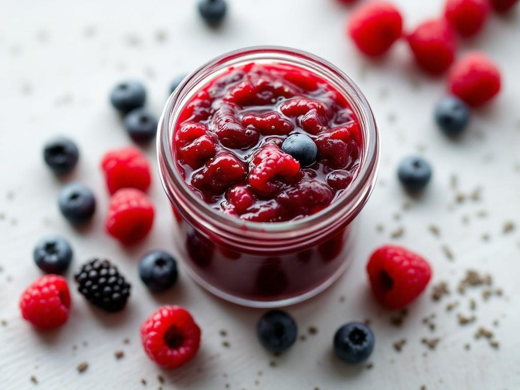 Pot en verre rempli de confiture aux fruits rouges avec graines de chia visibles, posé près de framboises et myrtilles fraîches