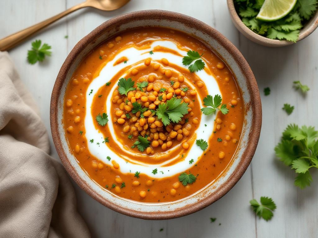 Bol de dahl orangé aux lentilles corail nappé de lait de coco, parsemé de coriandre fraîche, posé sur une table en bois