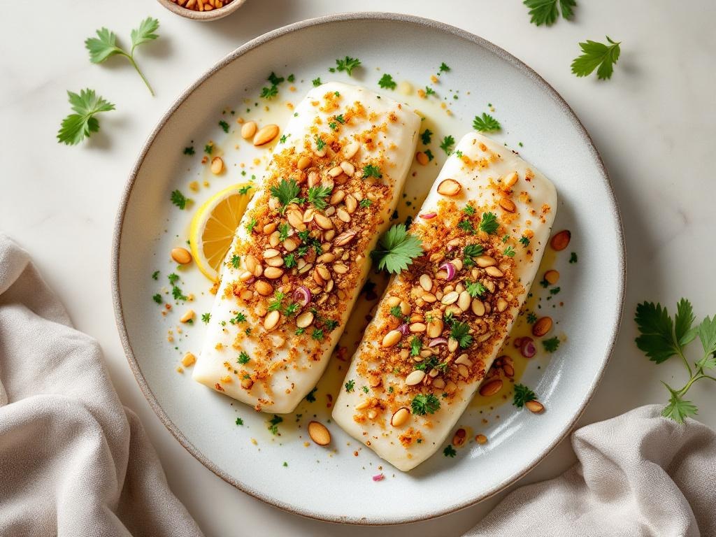 Filets de poisson blanc recouverts d'une croûte dorée aux amandes et herbes, sortant du four