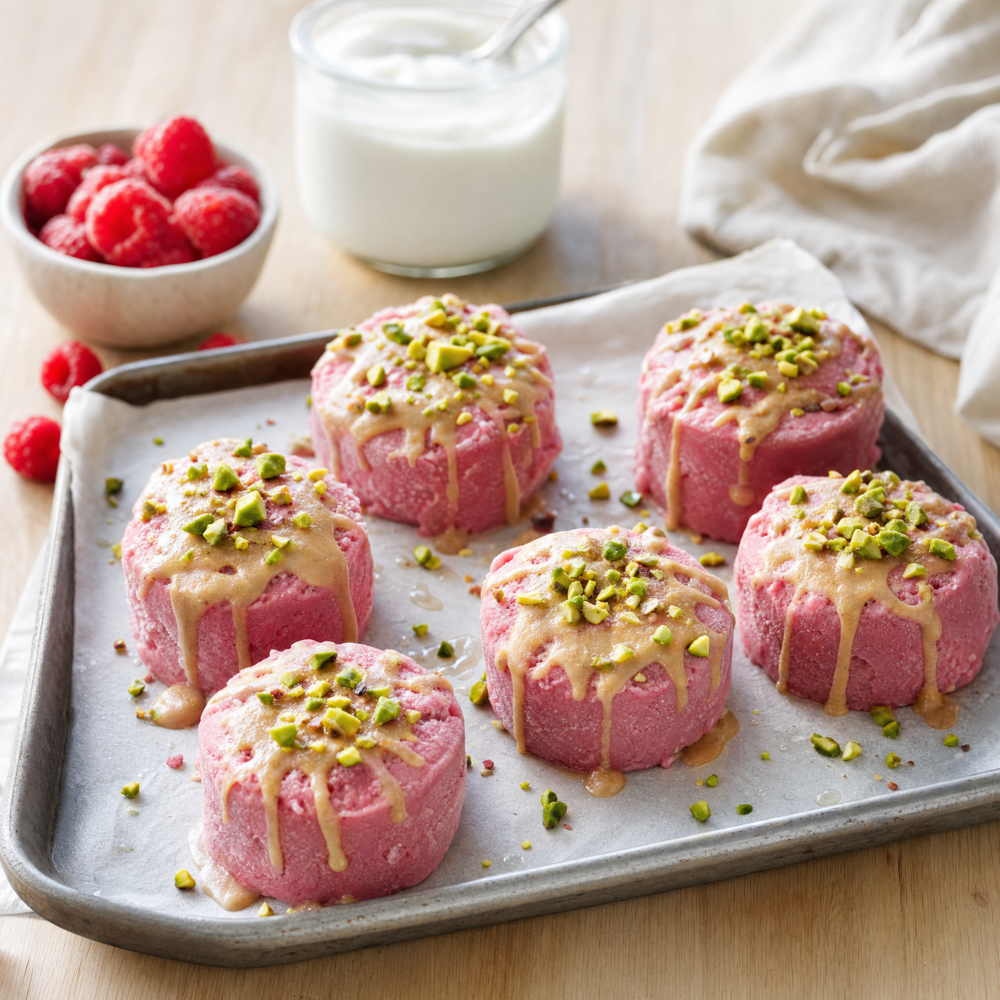 Six disques glacés rose framboise nappés de purée d'amande et parsemés de pistaches concassées, givrés, posés sur une plaque de papier cuisson.