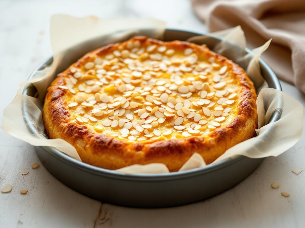 Galette des rois dorée à la frangipane, posée sur un plat blanc avec une couronne dorée à côté