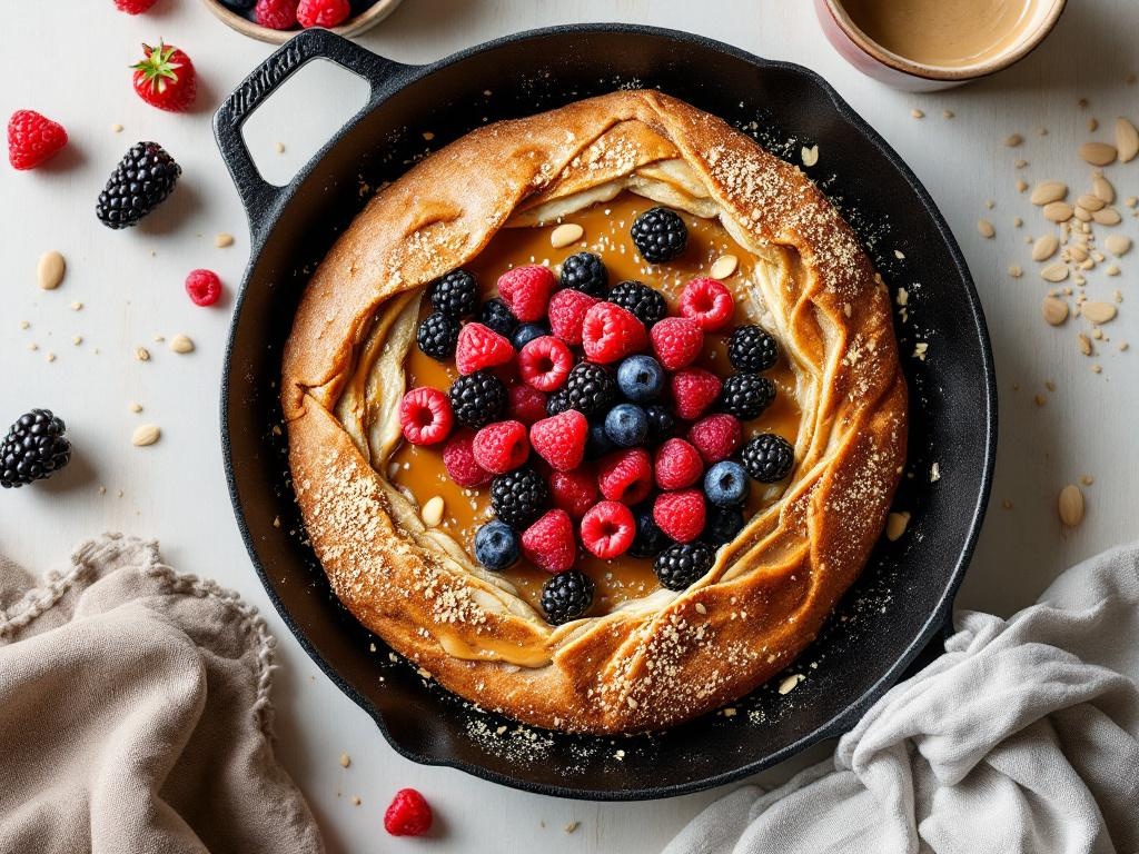 Galette de sarrasin garnie de fruits rouges, purée d'amandes et graines de sésame, dans une poêle en fonte