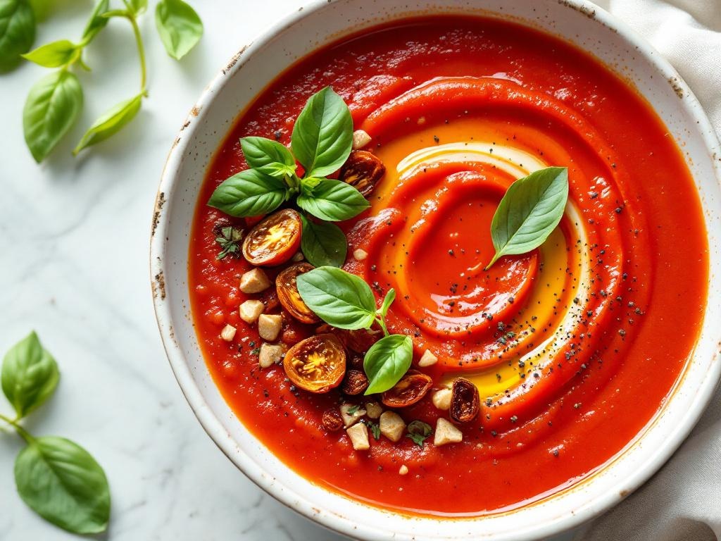 Bol de gaspacho rouge vif garni de basilic frais et d'un filet d'huile d'olive