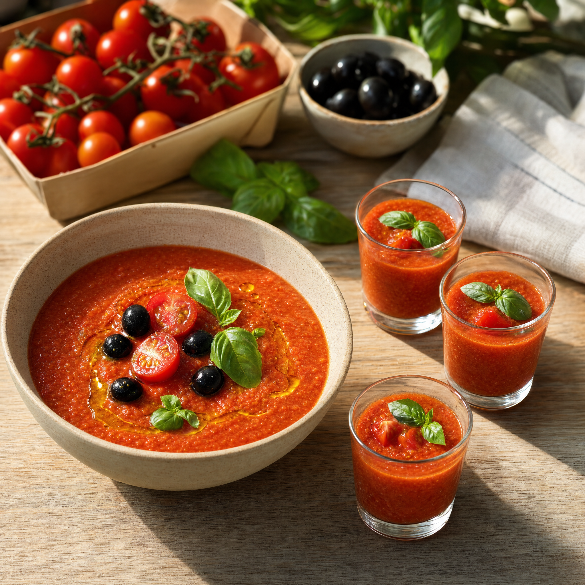 Bol de gazpacho de tomates cerises rouge vif garni d'olives noires et de basilic, entouré de trois petites verrines sur une table en bois clair.