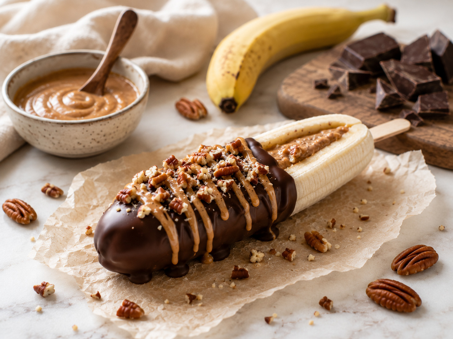 Bananes entières enrobées de chocolat noir, nappées de purée d'amande et parsemées de noix de pécan concassées, sur une planche en bois clair