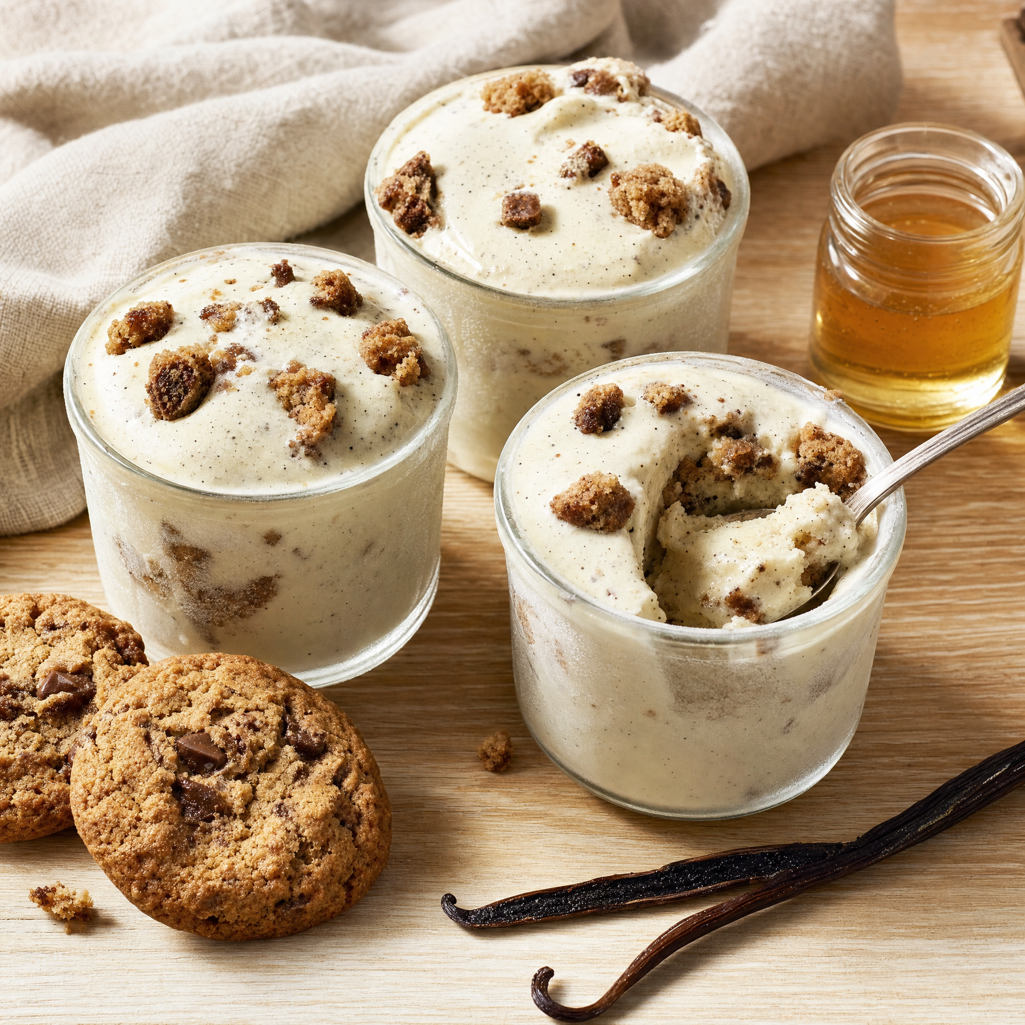 Trois glaces crémeuses ivoire parsemées de gros morceaux de cookies dans des pots en verre, avec une gousse de vanille fendue et deux cookies entiers.