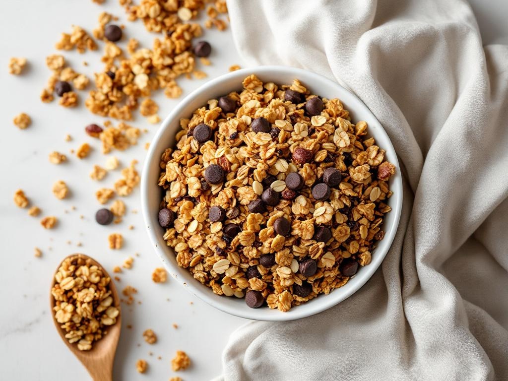 Granola doré aux flocons d'avoine, graines variées et pépites de chocolat noir, dans un bol blanc avec une cuillère en bois