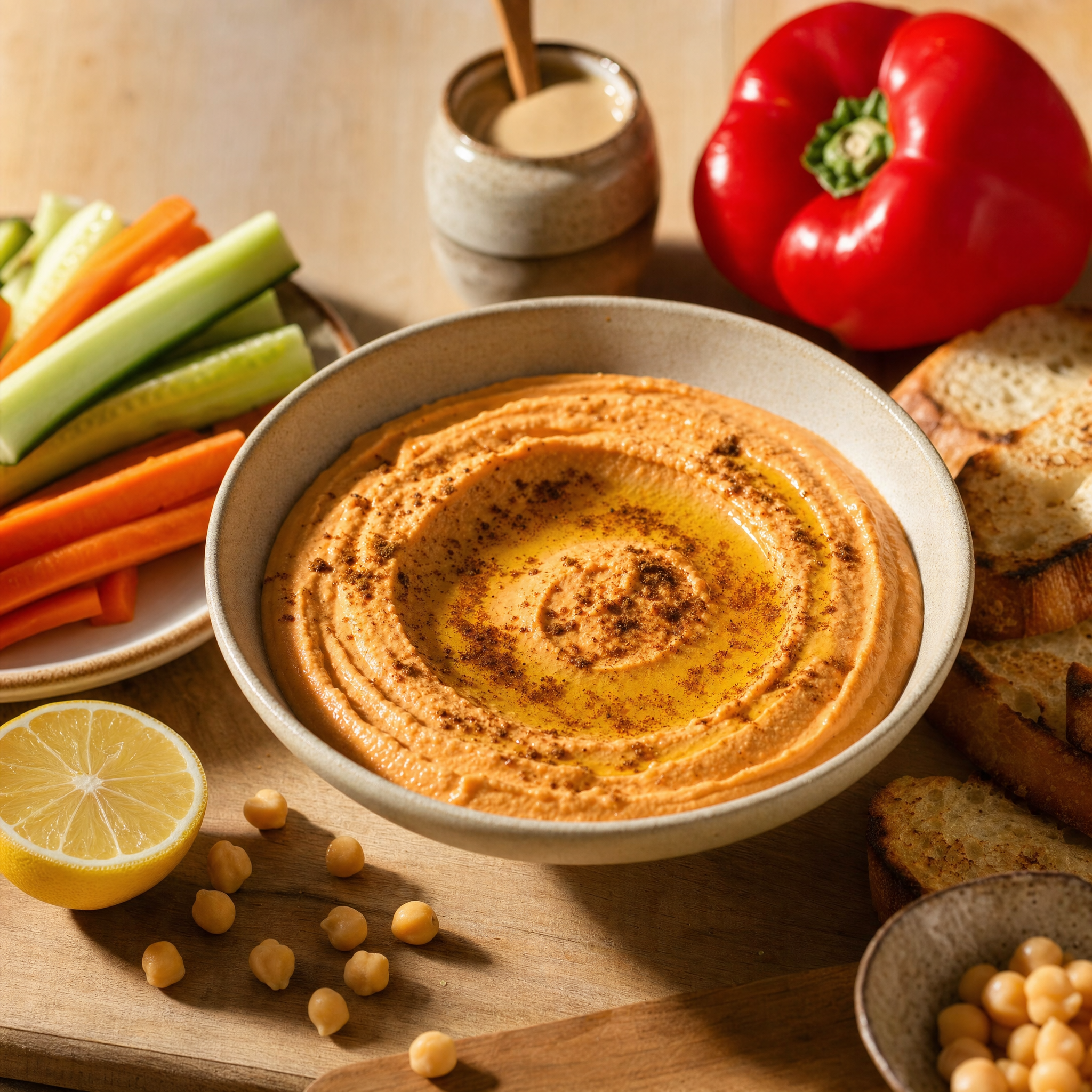 Bol de houmous crémeux orangé travaillé en spirale, filet d'huile d'olive et cumin, entouré de bâtonnets de légumes et de pain grillé.