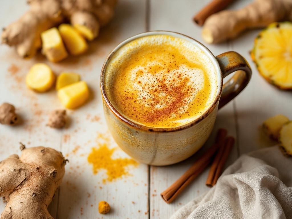 Tasse de lait d'or doré avec mousse, posée sur une table en bois avec des bâtons de cannelle et du curcuma