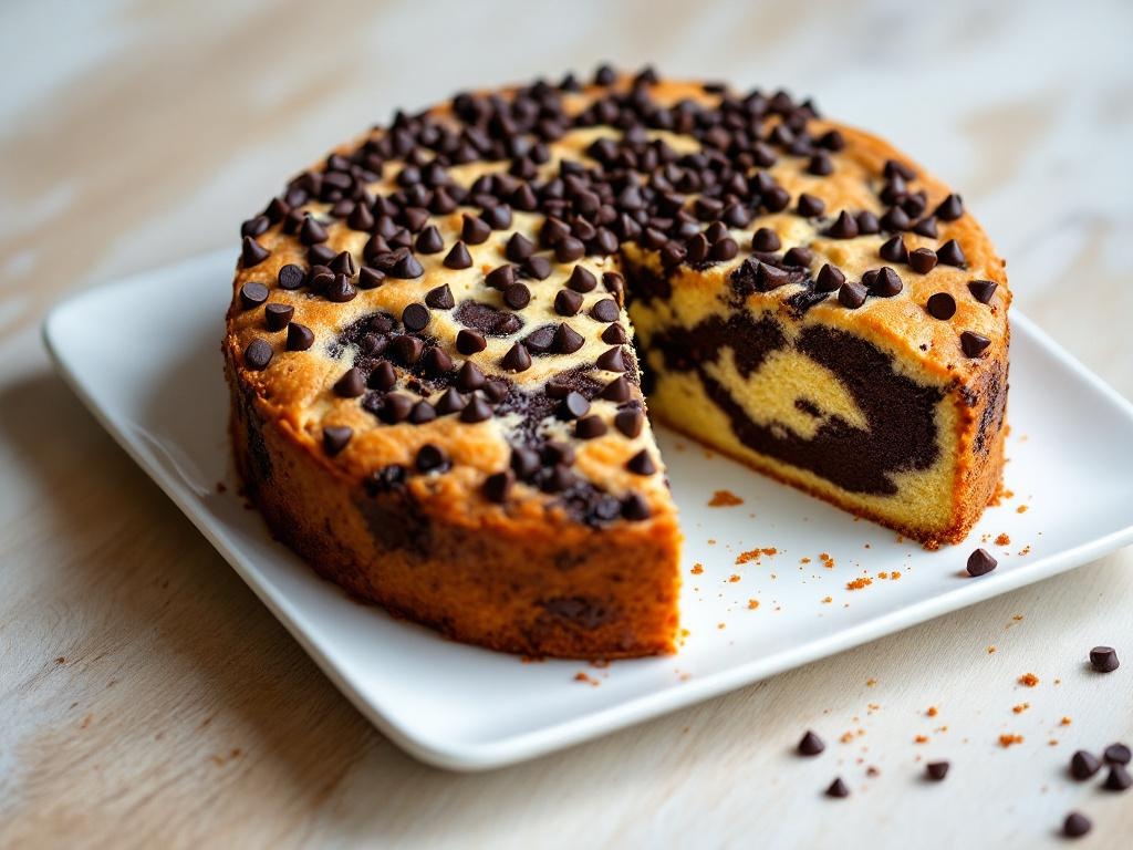 Part de marbré chocolat-amande à l'effet marbré prononcé, parsemée de pépites de chocolat noir