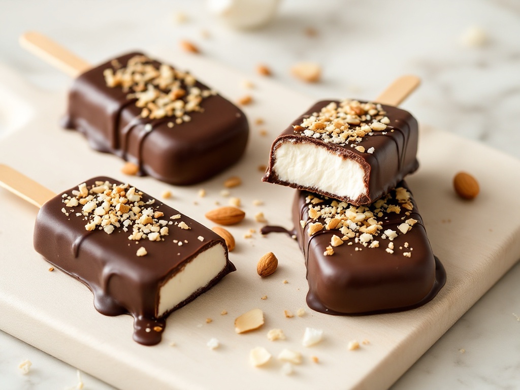 Mini magnums maison à la noix de coco enrobés de chocolat noir et parsemés d'amandes concassées, posés sur une planche en bois