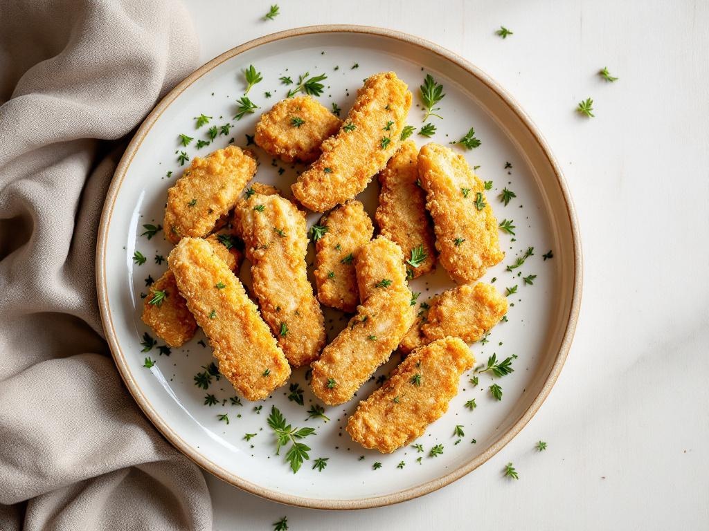 Nuggets de poulet dorés et croustillants disposés sur une assiette avec des herbes fraîches
