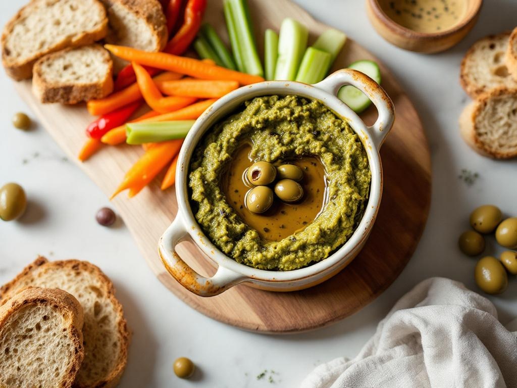 Petit pot rempli de tartinade verte aux olives, accompagné de bâtonnets de légumes crus colorés et de pain rustique