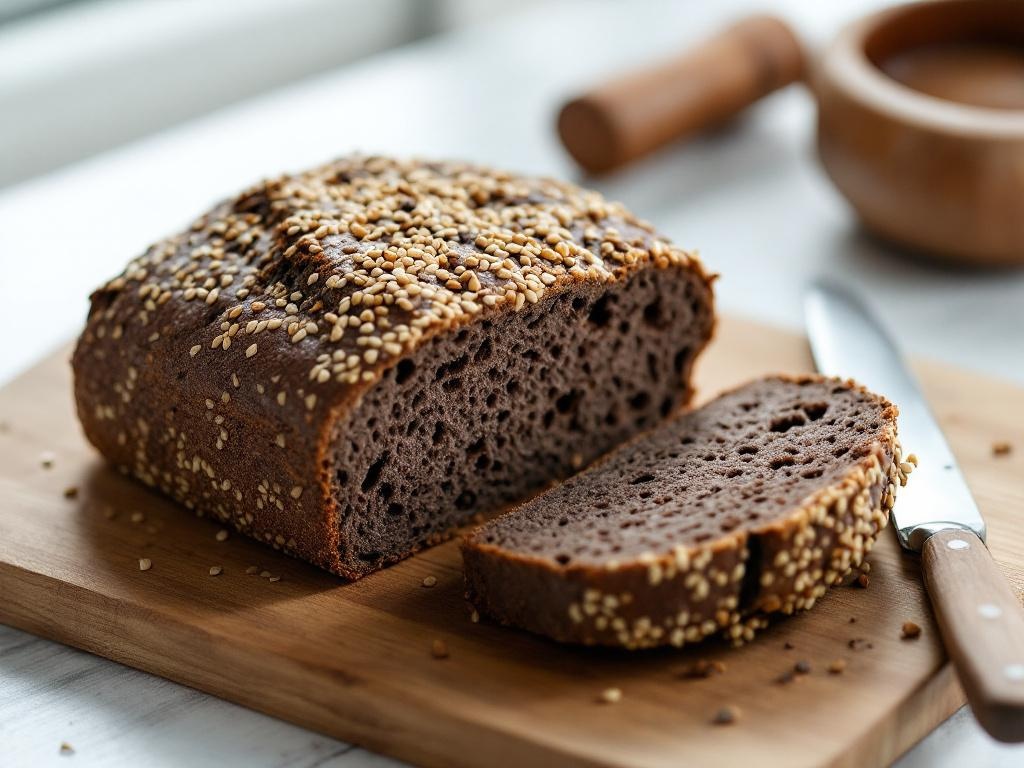 Pain rustique à la mie dense saupoudré de graines de sésame, posé sur une planche en bois avec un couteau à côté