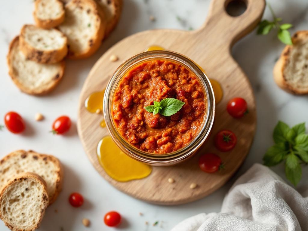 Pot en verre rempli de pesto rouge orangé épais, posé sur une planche en bois avec des tranches de pain rustique et des tomates séchées